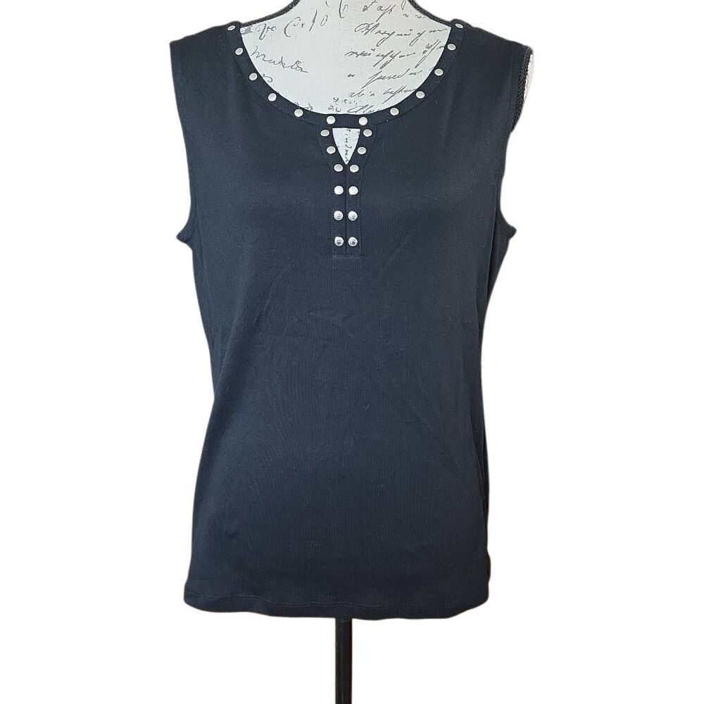 Karen Scott Women's Size Large Black Silver Studded Sleeveless Tank Blouse